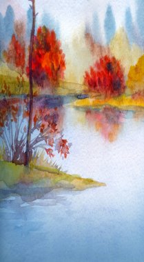 Alacakaranlık Yortusu Sahnesi Kağıt Arkaplan El Hafif Boya Çizimi Bulutlu, sakin, sisli, yağmurlu, taze çim tarlası Köknar Ağaç Deresi Çalı Çalı Koy Manzarası