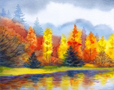 Canlı bir el çizimi akvaryum taze çimen güzellik sahnesi kağıt metin arkaplanı. Parlak kırmızı turuncu renkli boya çalılık sakin, serin hava günü. Manzaralı dere körfezi sahili kırsal arazi manzarası