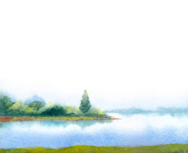 El çizimi parlak boya sanat eseri sessiz cennet sahnesi beyaz kağıt arkaplan metin alanı açık mavi renk bataklık tepe koyu yeşil çayır çalı bitki sisli sis manzarası