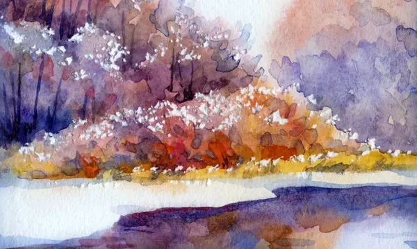 Parlak el çizimi resim çizimi, hafif kağıt kapaklı arka plan metin alanı. Sakin mavi renk sürükleniyor kuru baston çalılar bitki dalları kış zamanı rime sahne buzlu yeni yıl dere kıyısı sahnesi deniz kıyısı manzarası