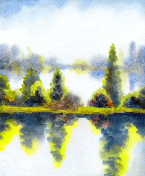 El çizimi suluboya resim çizimi kağıt metin alanı. Kırsal sakin çalı çalısı, çalı tarlası, dere yatağı, sel, yağmur manzarası. Serin bahar sisli sonbahar kumsal eski sanat eserleri sahnesi