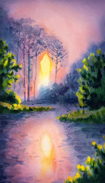 Eskiz, alacakaranlık sahnesi Islak kağıt arka plan metin alanı. El çizimi açık pembe, bulutlu, serin, sakin, sisli, yağmurlu, taze çimenler, çalı çalıları, dere kıyısı, sel kıyısı, deniz manzarası manzarası.