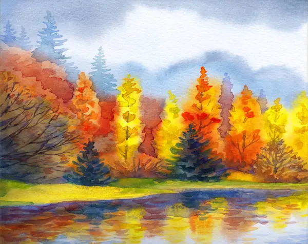 Canlı bir el çizimi akvaryum taze çimen güzellik sahnesi kağıt metin arkaplanı. Parlak kırmızı turuncu renkli boya çalılık sakin, serin hava günü. Manzaralı dere körfezi sahili kırsal arazi manzarası