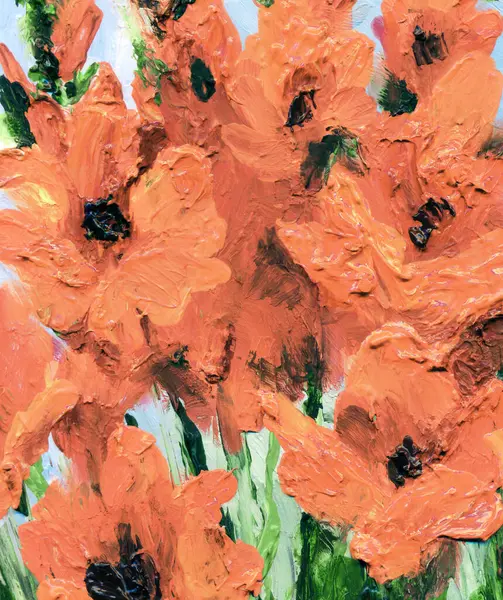 Kırsal retro malva sanat eseri manzarası. Canlı el çizimi akrilik boya yetişen bitkiler. Modern kanva kart tasarımı tarzı. Parlak turuncu renkli taze zambak tomurcuklanmış bitkisel tarla sahnesi