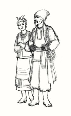 Retro festivali, doğu çifti, arkadaş suratı. Yaşı geçmiş adam. Şapka giysisi, kemer ayakkabı pazarı sahnesi. Elle çizilmiş kalem tebeşiri genç bayan el ele tutuşmuş peçe şalı Avrupa Asya sokak sanatları tarzında