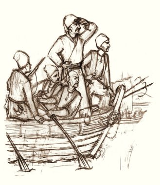 Geçen yüzyıl Norveç savaş tehlikesi kol fırtınası rüzgar dalgası kaşifi savaş gemisi kadırgasına yelken bezi beyaz gökyüzüne saldırdı. Kara çizgi, yelkenli yelkenliyi güverteye çekti Hetman kahraman karikatür çizimi