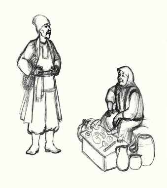 Retro Festivali 'nde çalışan bayan kız perakendecilik, oyuncakçılık, hediyelik eşya dükkanı sahnesinde çalışıyor. El yapımı Asya kasabası, erkek alıcı, insan, Rus işçisi. Taze mahsul, sağlıklı meyve tabağı tabakları sergiliyor.