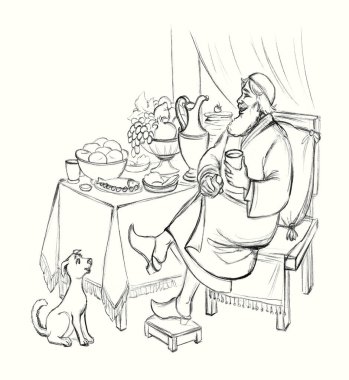 Orta Asya 'lı yaşlı sarhoş erkek Yahudi kadehi tutuyor. Şarap zevkli, neşeli, İslamcı tezahürat yapıyor. Parti köpeğini evinde selamlıyor. El çizimi İncil 'e ait bir öykü. Sanat eskizi. Gülümse. Fırında ekmek tabağı al.