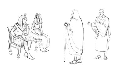 Lüks kumaşlı, baston çubuklu adam Tanrı 'dan izin iste Torah sahnesi siyah çizilmiş eski çağ asilzadesi kutsal Yahudi kıdemli rahip Doğu Arap çizgi film çizim tarzı inanç hikayesi teklif ediyor.