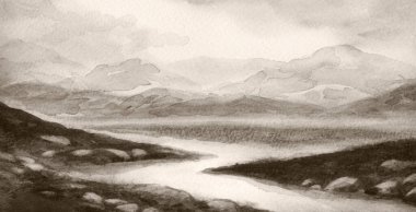 El çizimi sanat eseri, cennet sahnesi, beyaz arka plan, metin alanı. Açık mavi sakin kırsal yamaçlar yamaç yamaçları dere yamacı kıyı şeridi yeşil çimen ağacı sisli yağmurlu sisli, sisli manzara