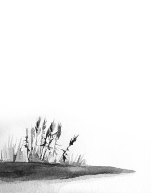 Parlak boyalı el, taze bitkisel yetişen buzlar çizdi. Hatta bahar günü bulutlu sahne kağıdı çizimleri bile. Kırsal sakinlik, sabah, ıslak, buz gibi, buz gibi, buz gibi, çalılık, çalı, çalı, dere, deniz kıyısı manzaralı bir manzara.