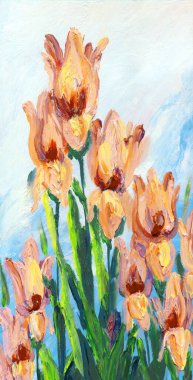 Şirin, gür, kır yaprağı, nilüfer çiçeği manzaralı el, pastel rengi, leylak rengi, aşk bitkisi, hayat dolu kart tarzı. Kırsal büyüme büyük açık kırmızı lale tomurcuğu vazosu mavi gökyüzü beyaz kağıt bulutu