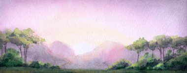 El çizimi açık renk resim karalaması sisli bahar yağmuru sahnesi sahne kağıdı metin arkaplanı. Sakin Sonbahar Tepesi taze sis dumanı kuru çalı ağacı manzarası köknar bitkisi soyut manzara