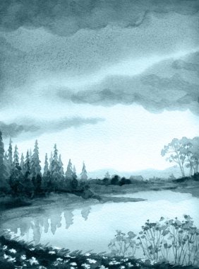 El çizimi parlak, aydınlık, kağıt, vadi, alacakaranlık, arka plan, karanlık, sisli, yağmur dumanı, deniz kıyısı manzaralı çalı, çalı, çalı ağacı, dere yolu sahnesi.