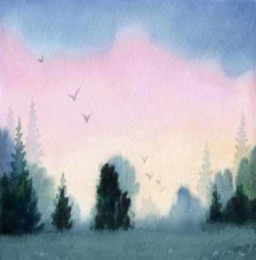 El çizimi açık kırmızı boyalı kuş resmi çizimi vadi çim biçme sahnesi sahne kağıdı metin arkaplanı. Pembe renk, sisli bozkır, sis dumanı, çalılar, çalı ağaçları manzaralı yollar.