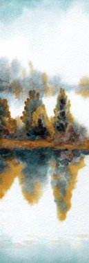 El çizimi suluboya resim çizimi kağıt metin alanı. Kırsal sakin çalı çalısı, çalı tarlası, dere yatağı, sel, yağmur manzarası. Serin bahar sisli sonbahar kumsal eski sanat eserleri sahnesi