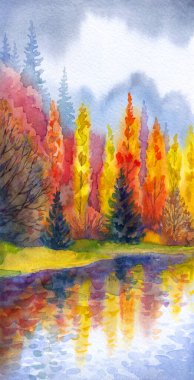 Canlı bir el çizimi akvaryum taze çimen güzellik sahnesi kağıt metin arkaplanı. Parlak kırmızı turuncu renkli boya çalılık sakin, serin hava günü. Manzaralı dere körfezi sahili kırsal arazi manzarası