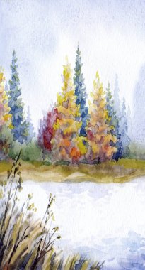 Canlı bir el çizimi akvaryum taze çimen güzellik sahnesi kağıt metin arkaplanı. Parlak kırmızı turuncu renkli boya çalılık sakin, serin hava günü. Manzaralı dere körfezi sahili kırsal arazi manzarası