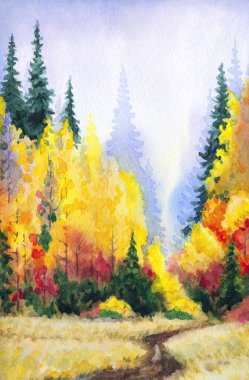 Kağıt desenli arkaplana elle çizilmiş suluboya resim. Taiga nemli sis günü manzaralı bulutlu manzara üzerine metin uzayı. Parlak kırmızı turuncu renk yabani çimen bitkisi kara akrilik Rusya manzarası