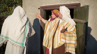 Asian age jew owner guy meet guest stay beg plead help food let friend send away inn hotel home. East Arab Asia cloth poor need hungry girl hope say go reject rural hebrew God Jesus Christ angel story