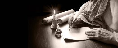 Son zamanlarda İncil 'deki kutsal tanrı hukuku öğretmeni Paul' un posta sayfası boşluğunu kapatın. Kapalı kollu mürekkep. Sanat eseri Peter 'ın günlüğünü çiz. Yahudi kadın kâtip.