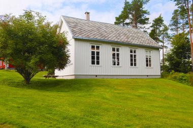 Alesund, Norveç - 01 Ağustos 2024: Tipik Norveç evi. Sunnmore Müzesi, çimenli çatıları olan 56 eski evi olan bir açık hava müzesi.