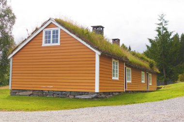 Alesund, Norveç - 01 Ağustos 2024 Sunnmore Müzesi 56 eski çatısı olan bir açık hava müzesi.