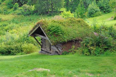 Alesund, Norveç - 01 Ağustos 2024 Sunnmore Müzesi 56 eski çatısı olan bir açık hava müzesi.