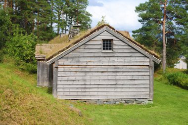 Alesund, Norveç - 01 Ağustos 2024 Sunnmore Müzesi 56 eski çatısı olan bir açık hava müzesi.