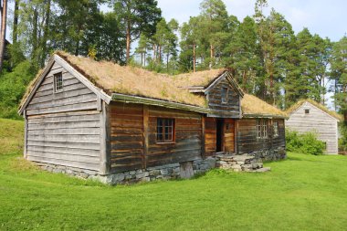 Alesund, Norveç - 01 Ağustos 2024 Sunnmore Müzesi 56 eski çatısı olan bir açık hava müzesi.