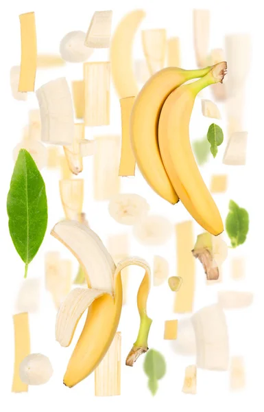 Bananenfruchtstück Scheiben Und Blattsammlung Isoliert Auf Weiß — Stockfoto