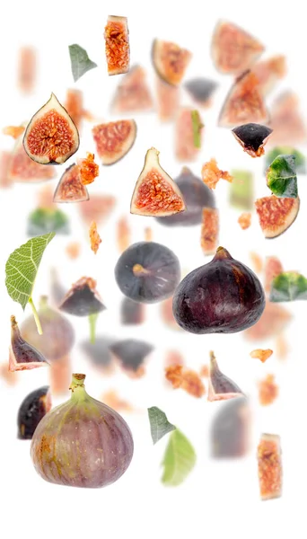 Fig Ovoce Kus Plátek Sbírka Listů Izolované Bílém — Stock fotografie