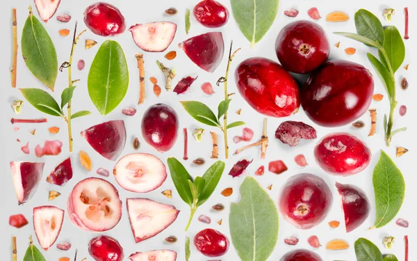 Cranberry Fruchtstück Scheibe Und Blatt Sammlung Flacher Nahtloser Abstrakter Hintergrund — Stockfoto