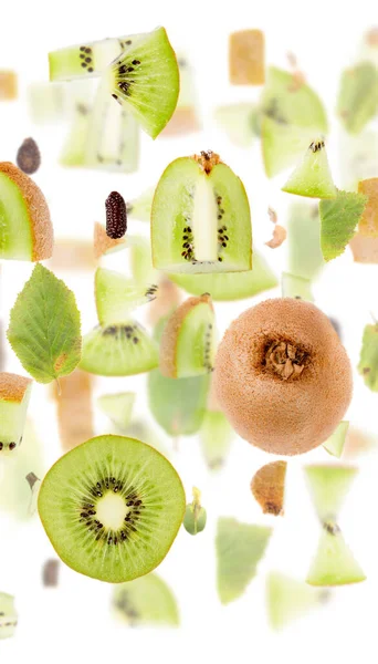 Kiwi Peça Frutas Fatia Coleção Folhas Isoladas Branco — Fotografia de Stock