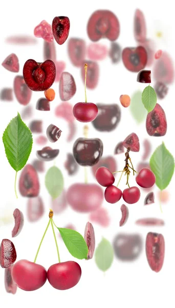 Sour Cherry Pezzo Frutta Fetta Foglia Raccolta Isolata Bianco — Foto Stock