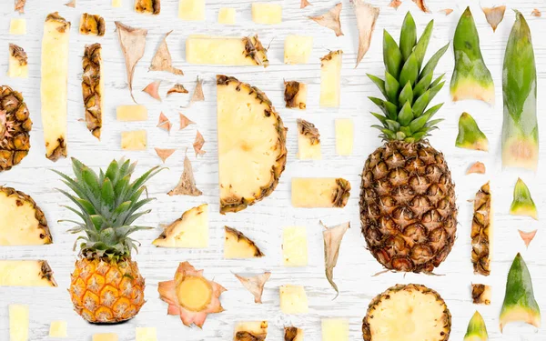 Ananasfruchtstück Scheibe Und Blatt Sammeln Flacher Nahtloser Abstrakter Hintergrund — Stockfoto