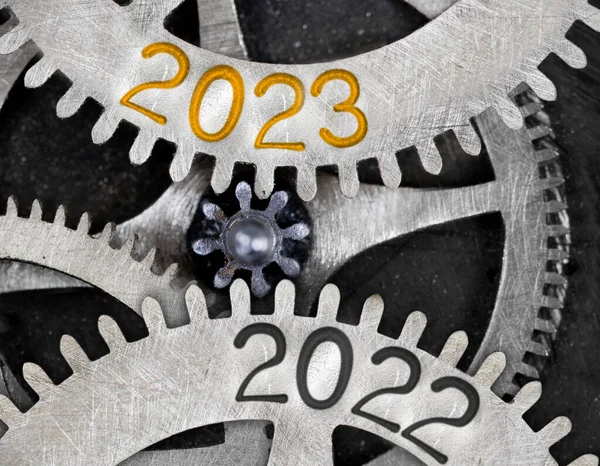 Fotografie Ozubeného Mechanismu Čísly 2023 2022 Vytištěnými Kovovém Povrchu Nový — Stock fotografie