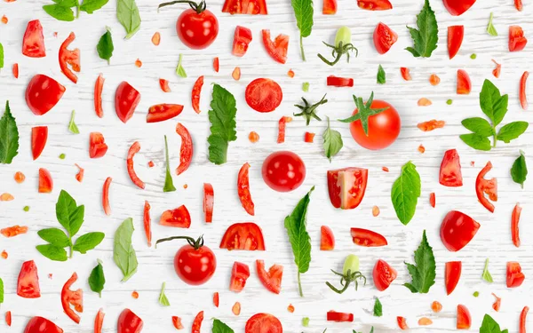 Kousek Rajčatové Zeleniny Sbírka Plátků Listů Ploché Hladké Abstraktní Pozadí — Stock fotografie