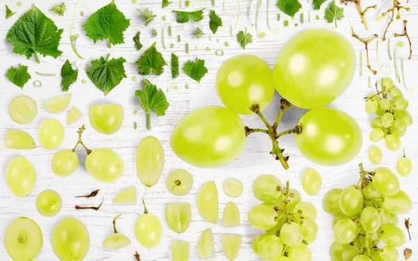 Green Wine Fruit Piece Slice Leaf Collection Flat Lay Seamless — Stock Photo, Image