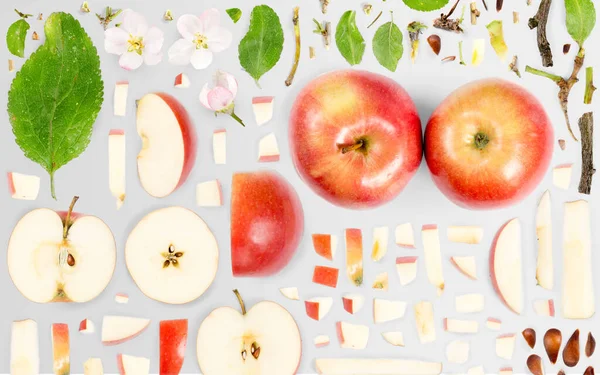 Äppelfrukt Skivor Och Bladsamling Platt Låg Sömlös Abstrakt Bakgrund — Stockfoto