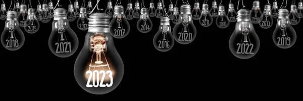 Grupo Horizontal Lâmpadas Brilhantes Com Fibra Forma Ano Novo 2023 — Fotografia de Stock