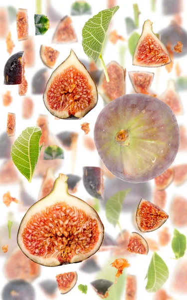 Abstract Background Made Fig Fruit Pieces Slices Leaves Isolated White — Stock Photo, Image