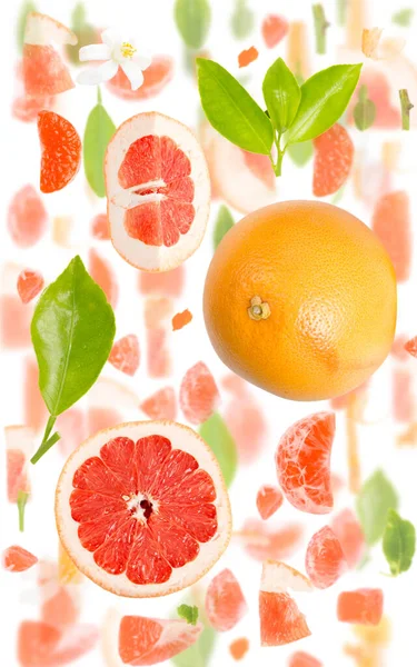 Abstraktní Pozadí Grapefruitových Kousků Ovoce Plátků Listů Izolovaných Bílém — Stock fotografie