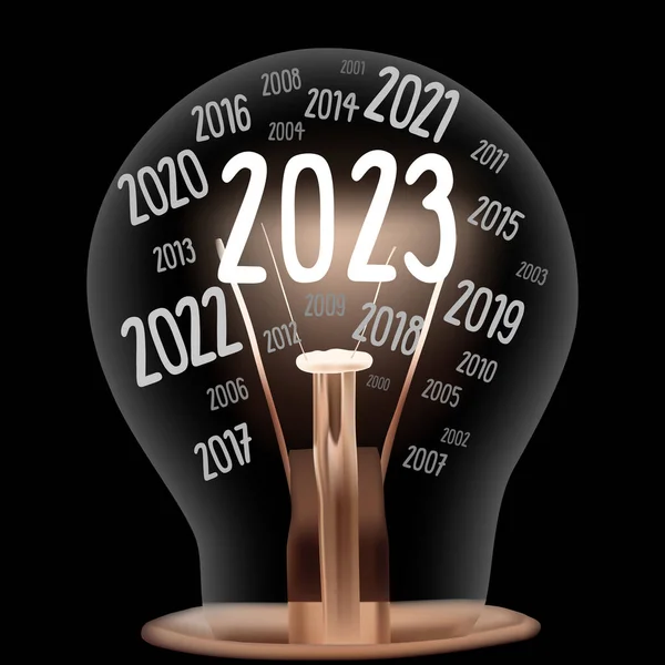 2023 Yılına Uygun Lifli Tek Bir Ampulün Vektör Çizimi Siyah — Stok Vektör