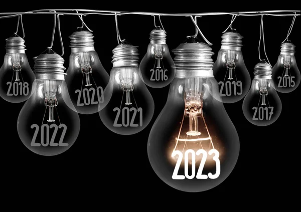 Horizontal Group Shining Light Bulb Fiber Shape New Year 2023 — Stock Photo, Image