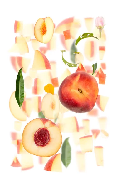 Abstract Background Made Peach Fruit Pieces Slices Leaves Isolated White — Stock Photo, Image