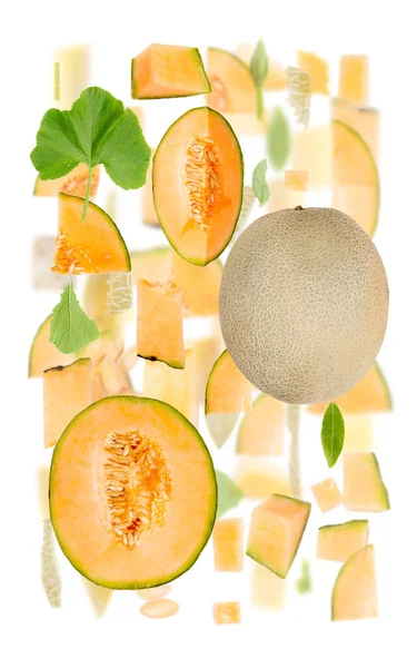 Abstract Background Made Sugar Melon Fruit Pieces Slices Leaves Isolated — Stock Photo, Image