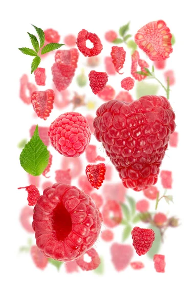 Abstract Background Made Raspberry Fruit Pieces Slices Leaves Isolated White — Stock Photo, Image