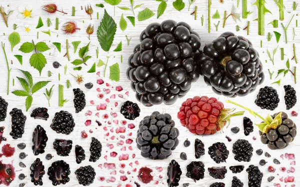 Abstrakter Hintergrund Aus Brombeerfruchtstücken Scheiben Und Blättern Auf Holzgrund — Stockfoto