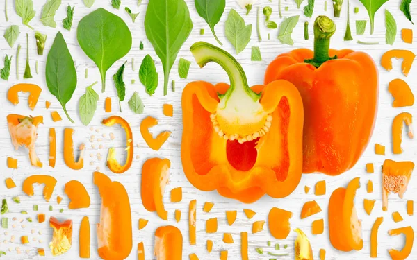 Abstrakt Bakgrund Gjord Apelsin Peppar Vegetabiliska Bitar Skivor Och Blad — Stockfoto